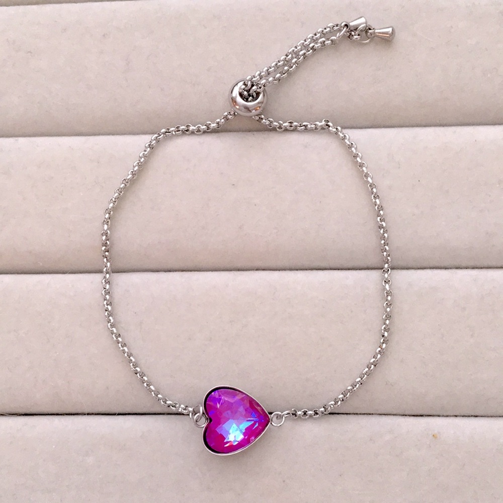 Fuchsia Aurora Borealis + Stainless Steel Adjustable Crystal Heart Boho Bracelet - Picture 4 of 7